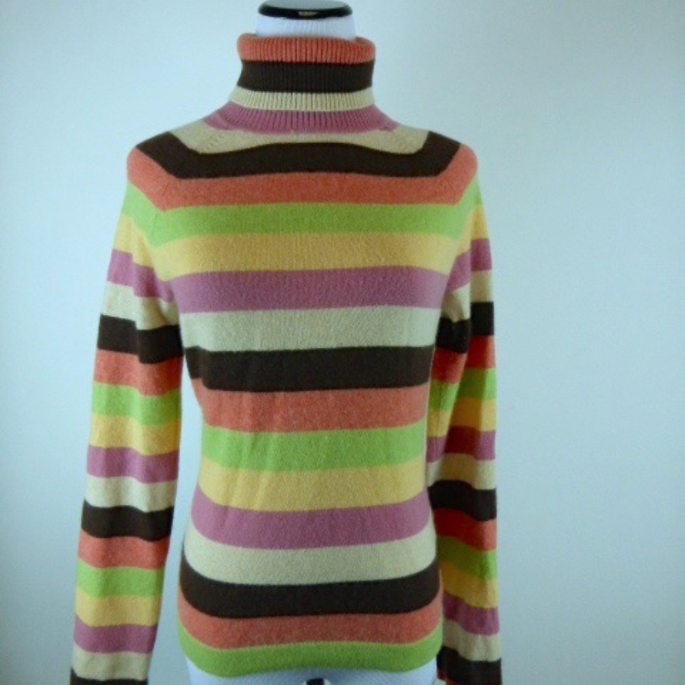 Whim 100% Cashmere multicolor rainbow stripe turtleneck sweater M pink brown